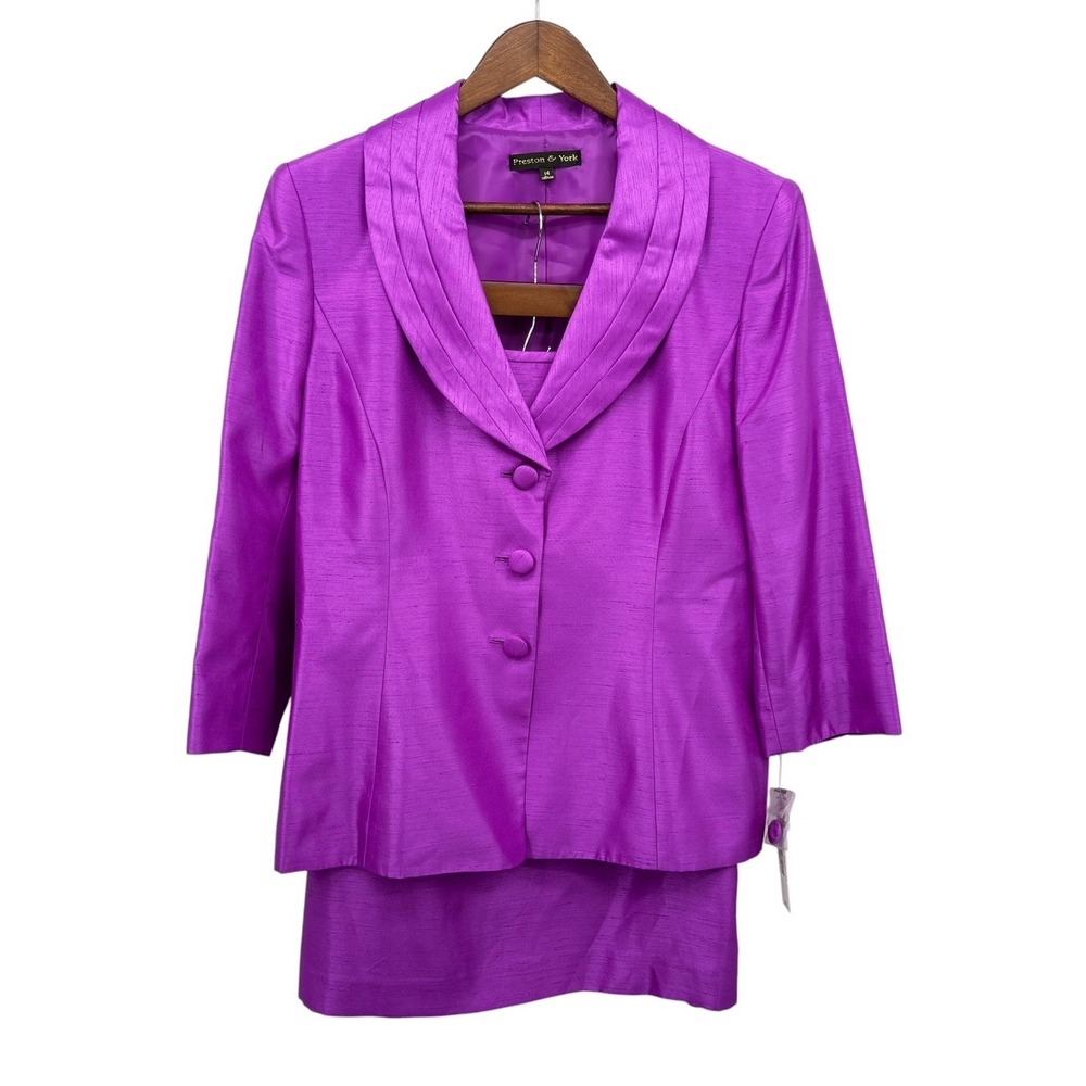 Preston & York 2 Pc Skirt Suit Set Women 14 Purple Passionfruit NWT Shawl Collar